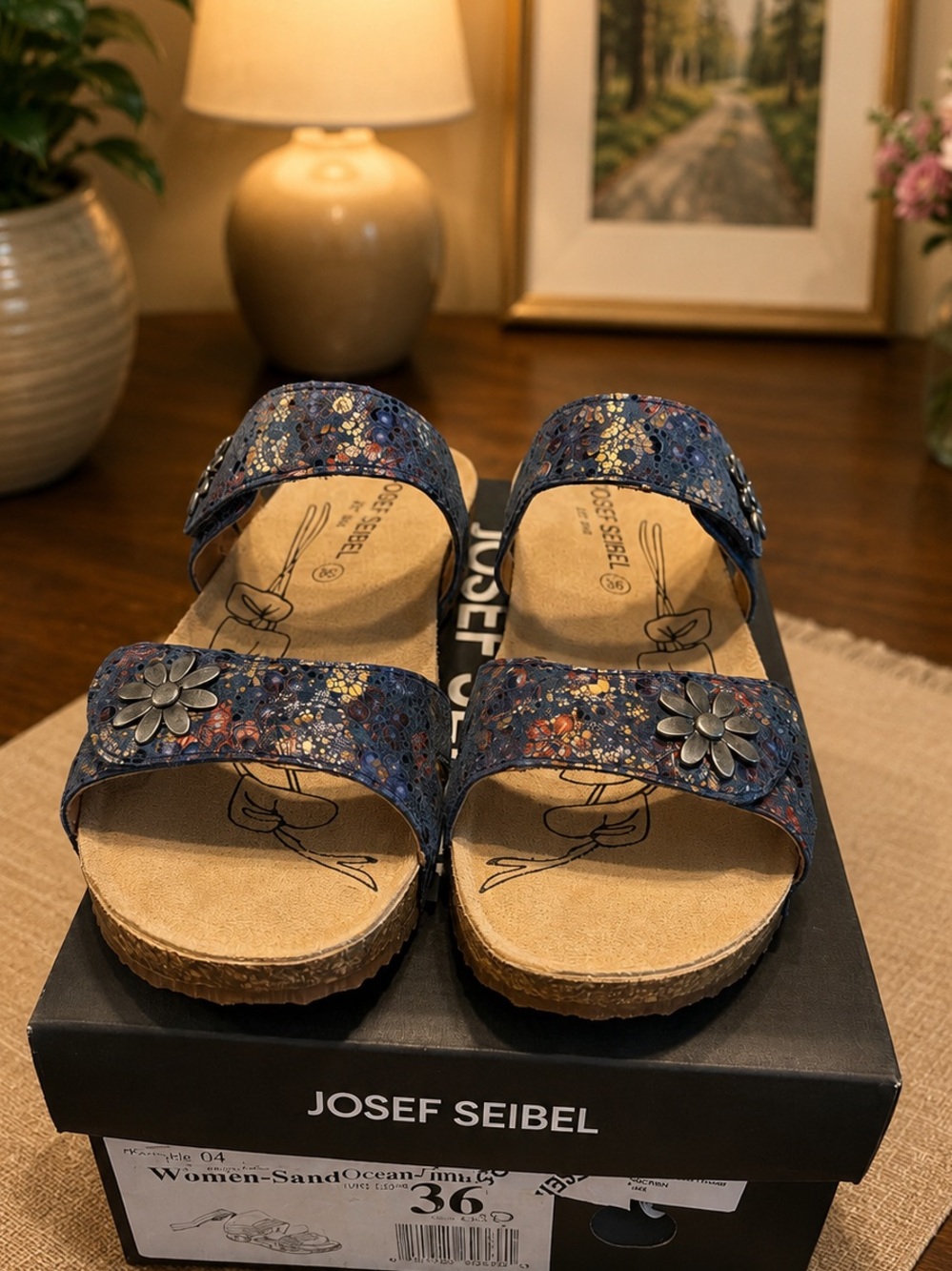 Josef Seibel Navy Floral Leather Double-Strap Slide Sandals